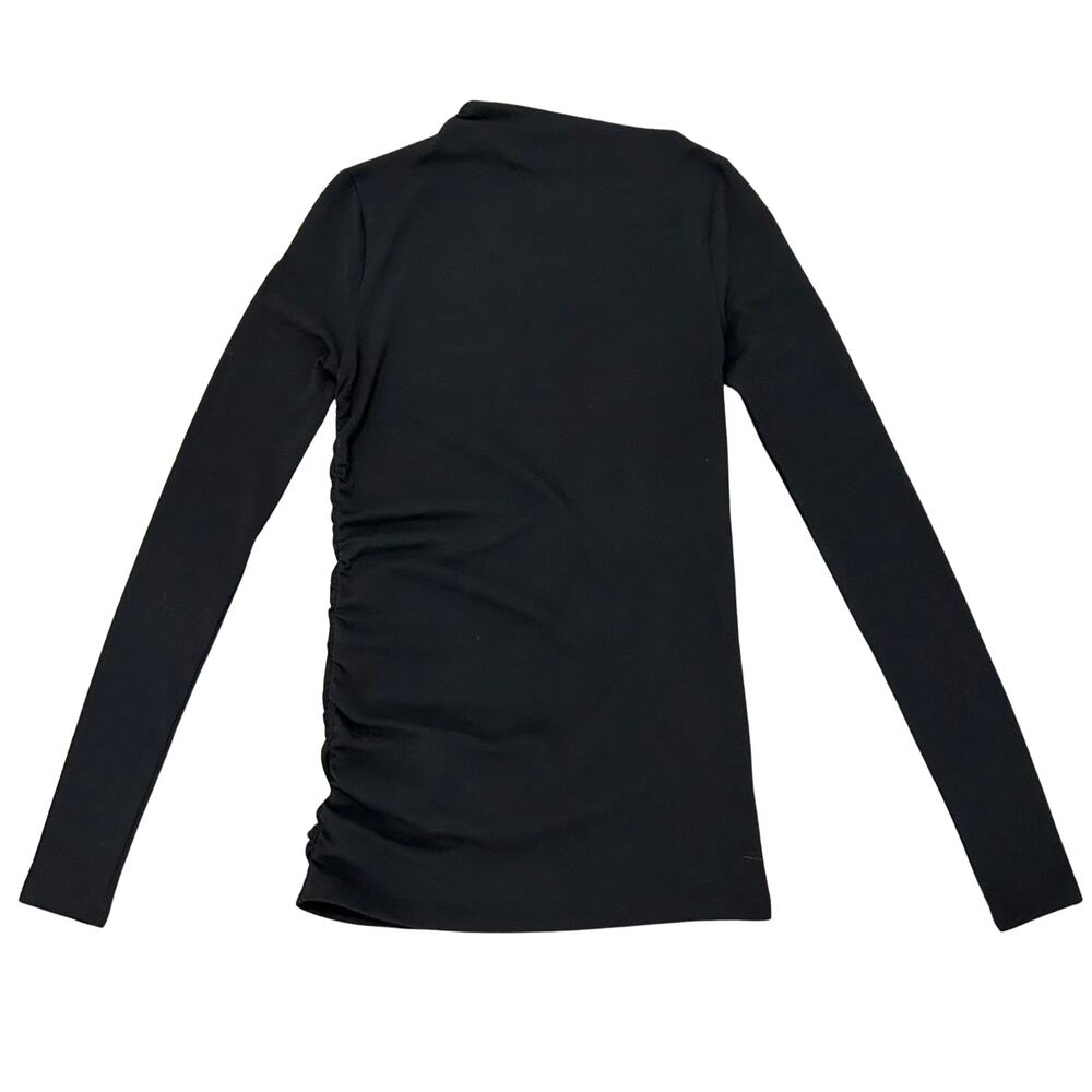 Modern Citizen Vittoria Asymmetric Neck Ruched Semi-Sheer Long Sleeve Tee Black - Picture 2 of 15